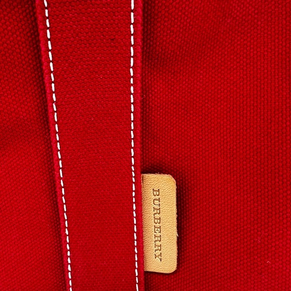 Burberry Red Canvas Tote with Plaid Accents and Top Zipper - Picture 4 of 16